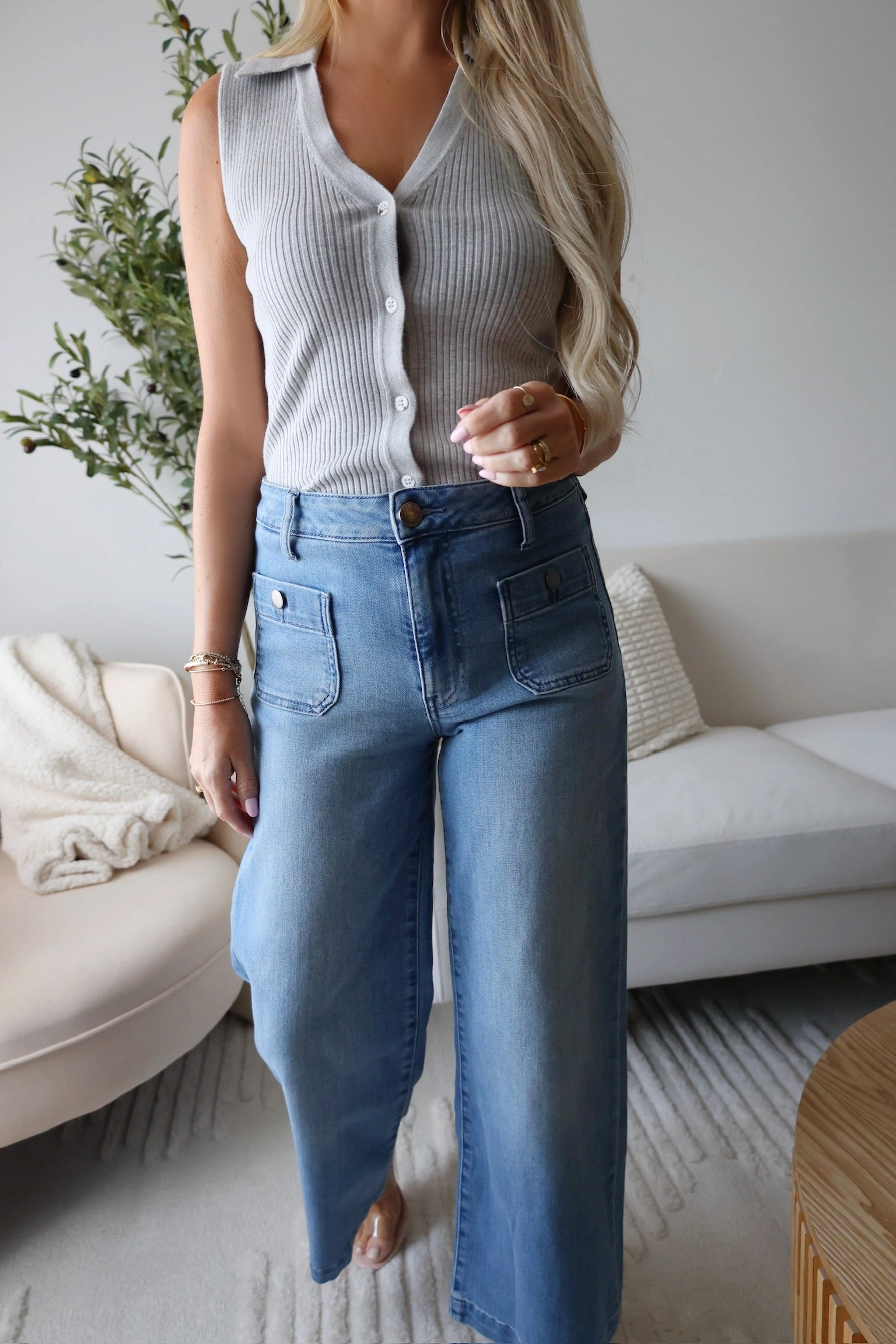 Meg High Rise Fab Ab Wide Leg Jean - Assertive PaddedInsulation DurableBlend