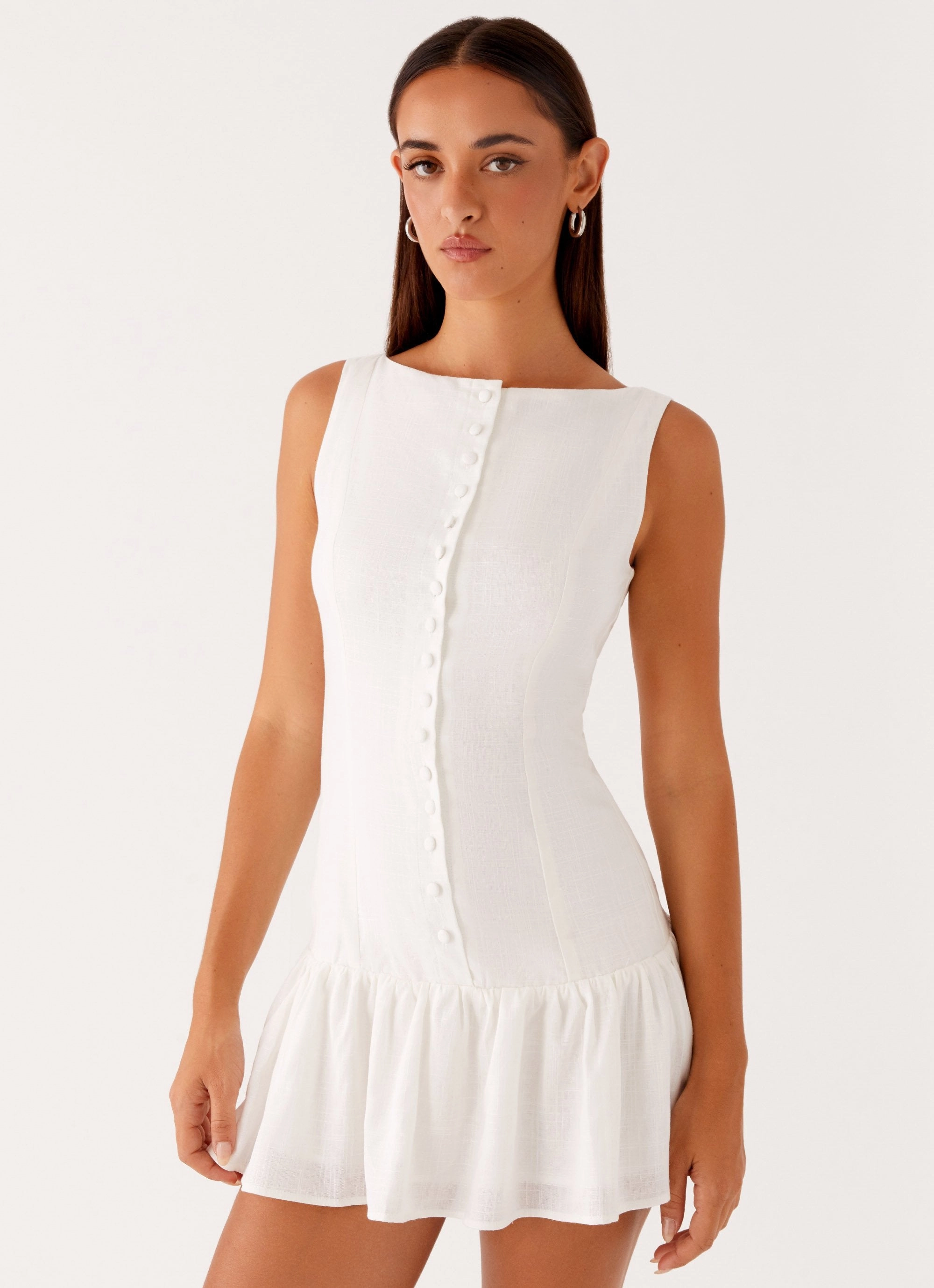 Meggie Linen Mini Dress - White Office Classic Natural Light