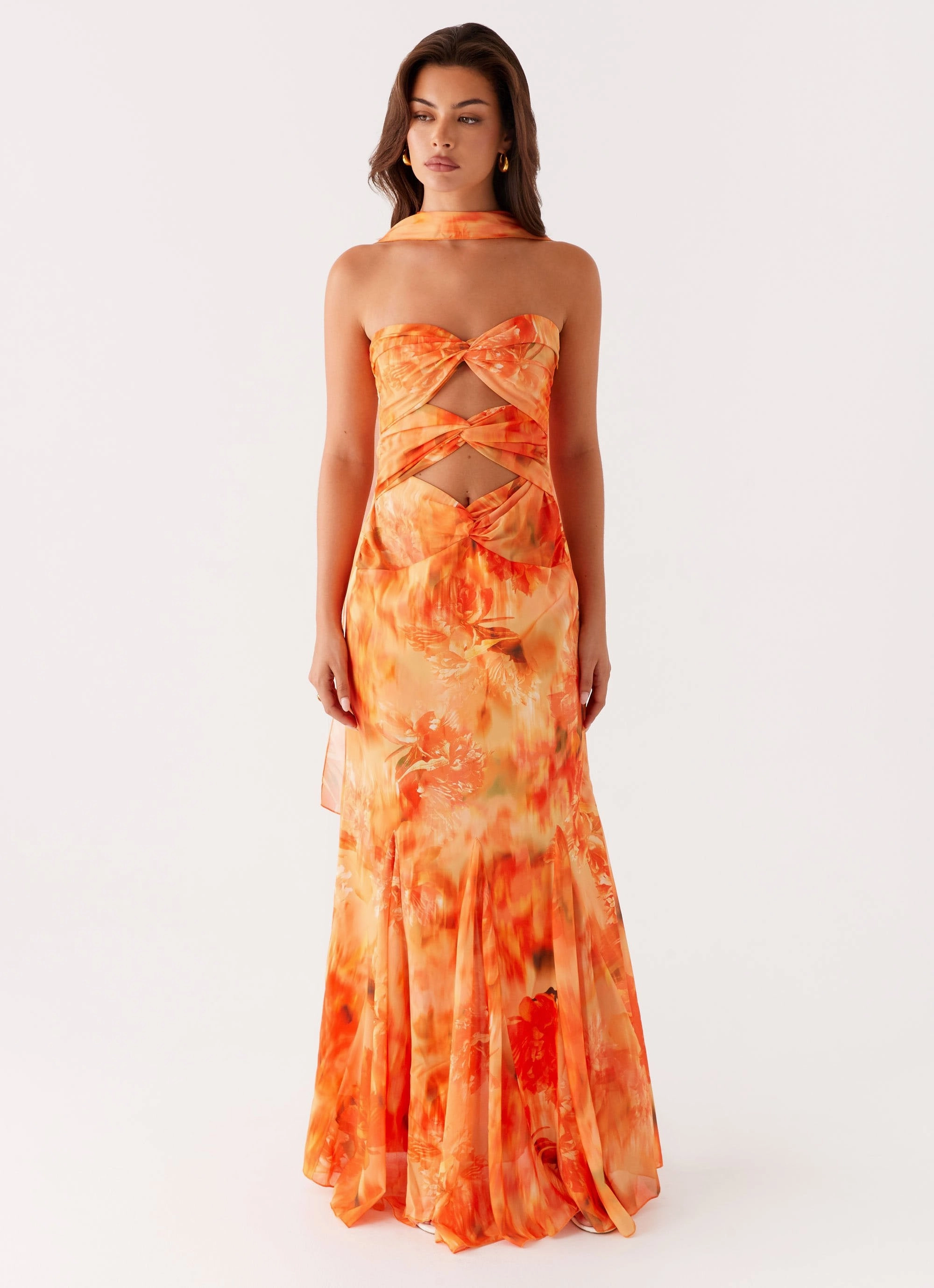 Melrose Satin Chiffon Maxi Dress - Sunset Floral Texture Mood Anti-Static-Finish