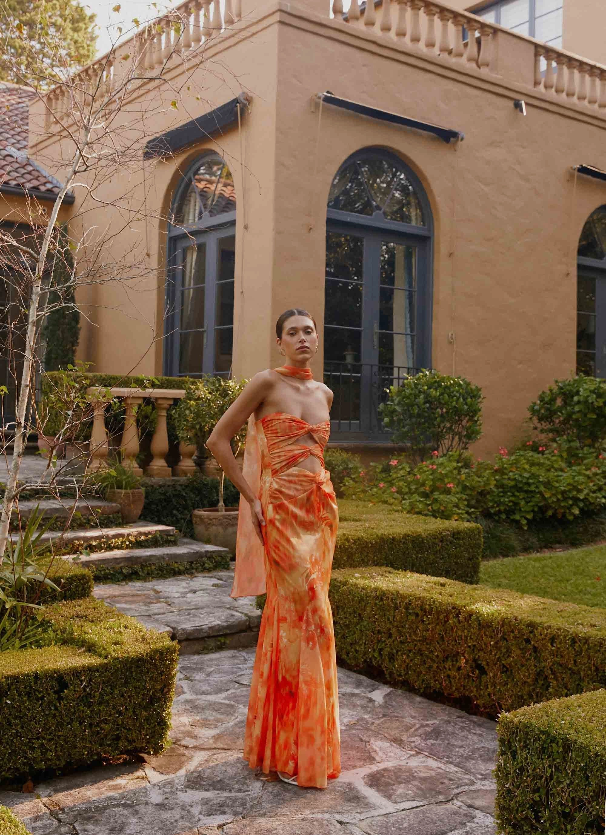 Flattering bodycon dress Lounge Vibes Melrose Satin Chiffon Maxi Dress - Sunset Floral