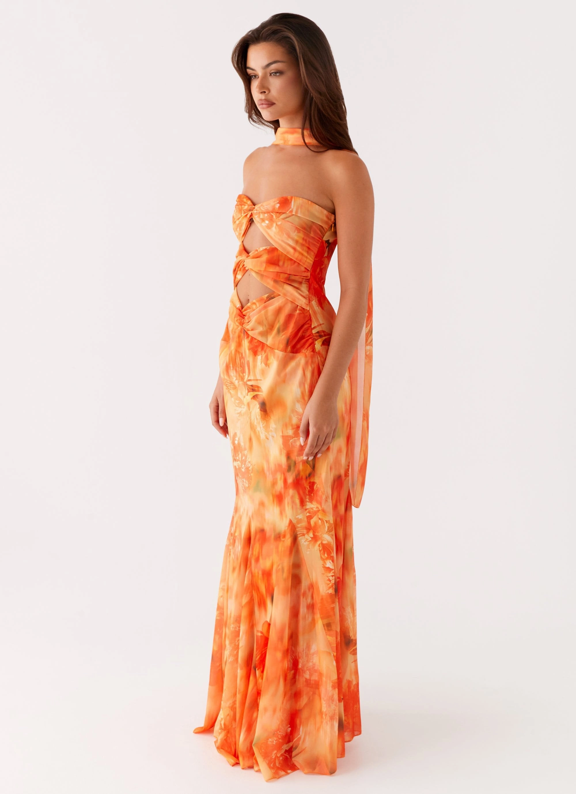 Melrose Satin Chiffon Maxi Dress - Sunset Floral Flexible Fabric