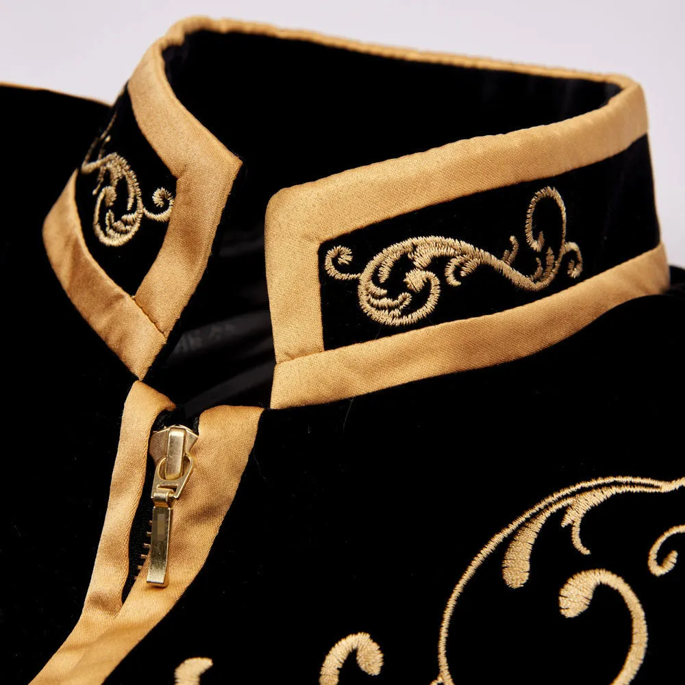 Men's Autumn British Style Velvet Slim Fit Blazer With Golden Embroidery