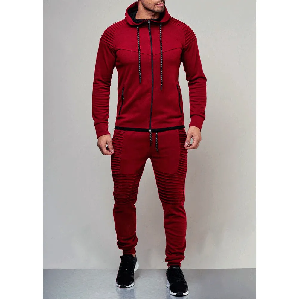 Men's Autumn Hooded Pleated Tracksuit With Zipper