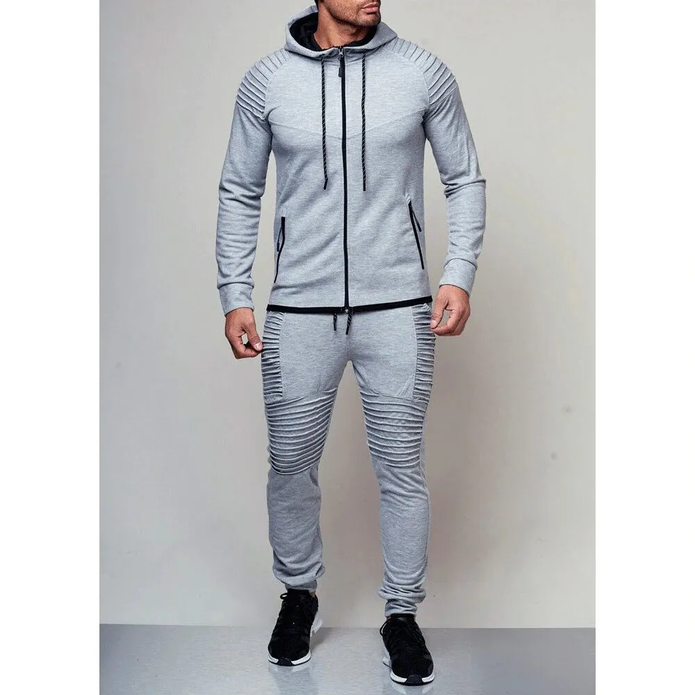 Men's Autumn Hooded Pleated Tracksuit With Zipper