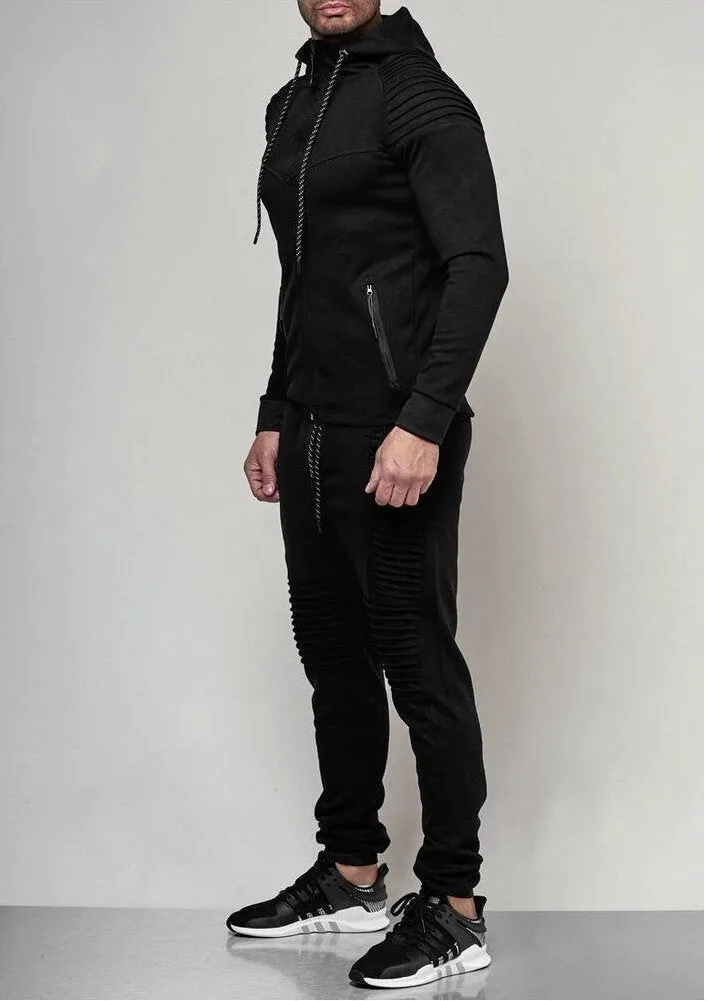 Men's Autumn Hooded Pleated Tracksuit With Zipper