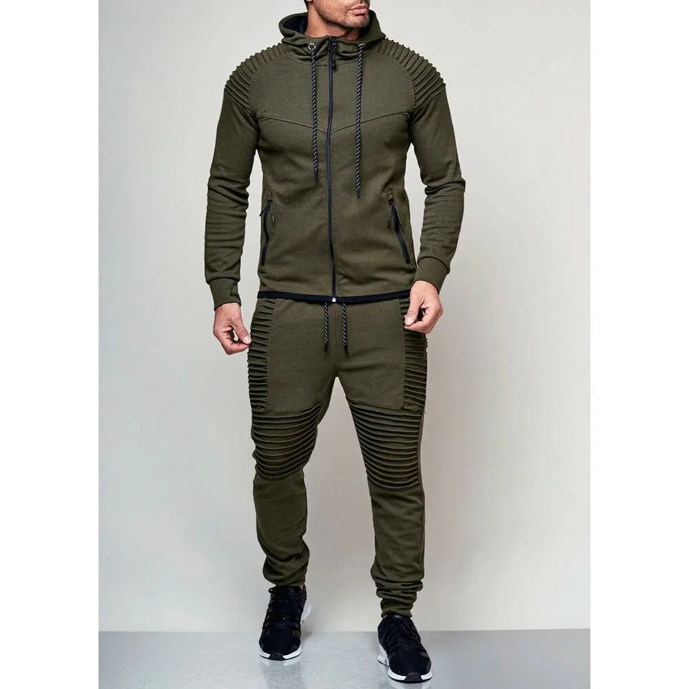 Men's Autumn Hooded Pleated Tracksuit With Zipper