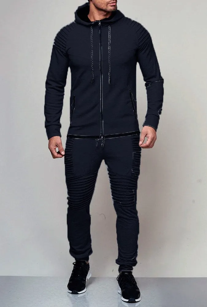 Men's Autumn Hooded Pleated Tracksuit With Zipper