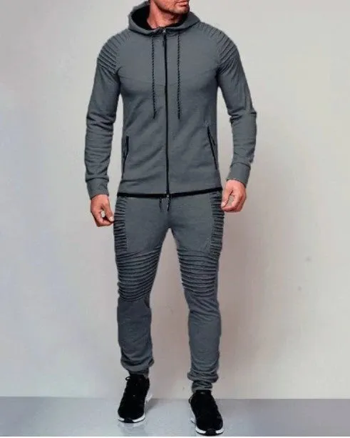 Men's Autumn Hooded Pleated Tracksuit With Zipper