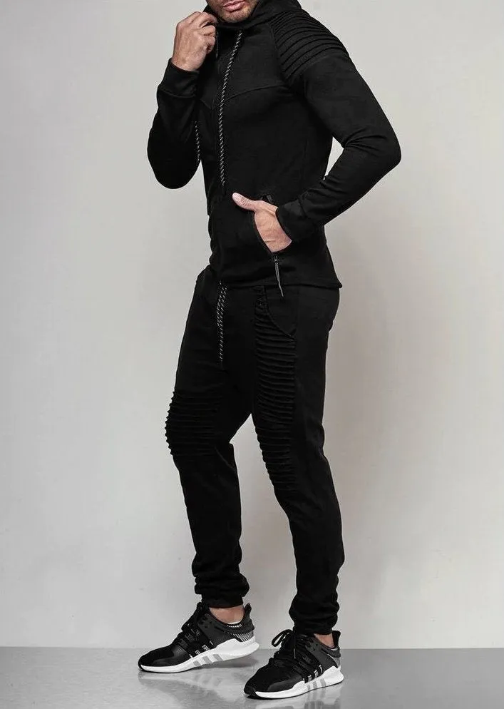 Men's Autumn Hooded Pleated Tracksuit With Zipper