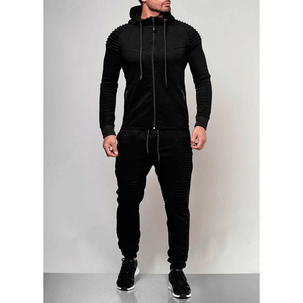 Men's Autumn Hooded Pleated Tracksuit With Zipper