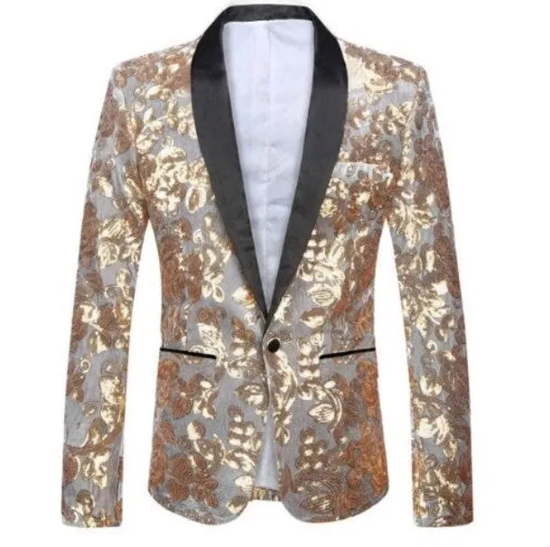 Men's Autumn Velvet Lapel Blazer Decorated With Golden Sequins