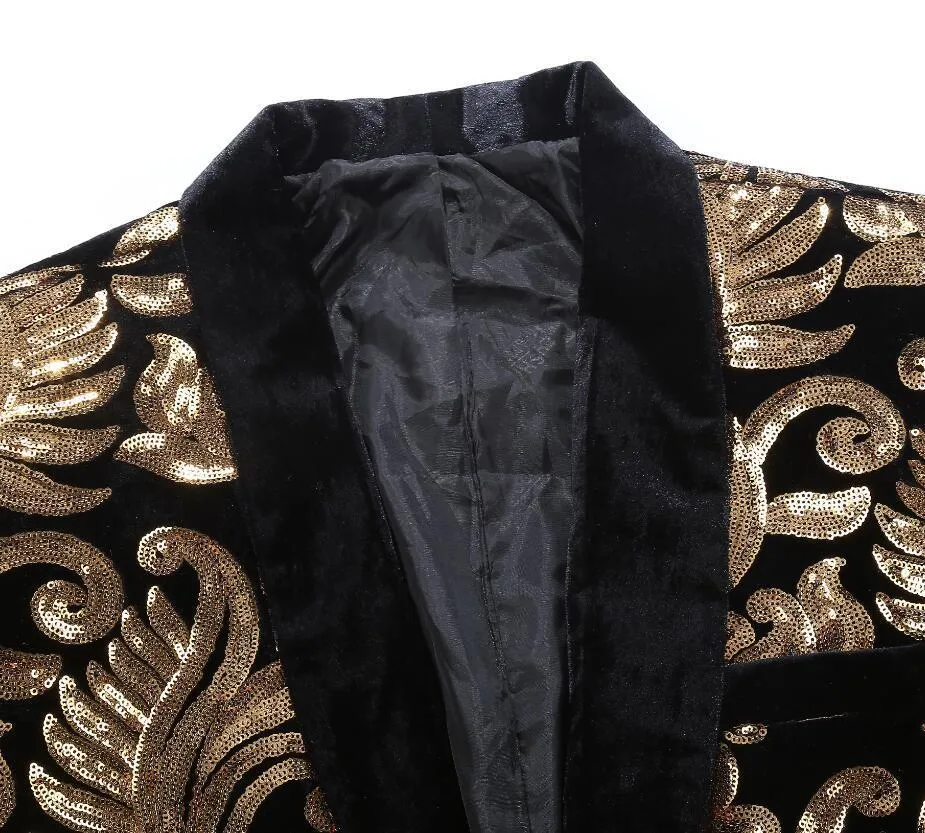 Men's Autumn Velvet Lapel Blazer Decorated With Golden Sequins