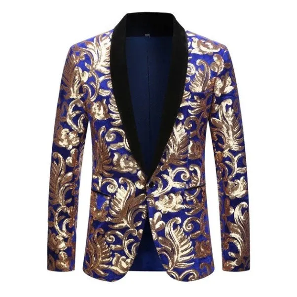 Men's Autumn Velvet Lapel Blazer Decorated With Golden Sequins