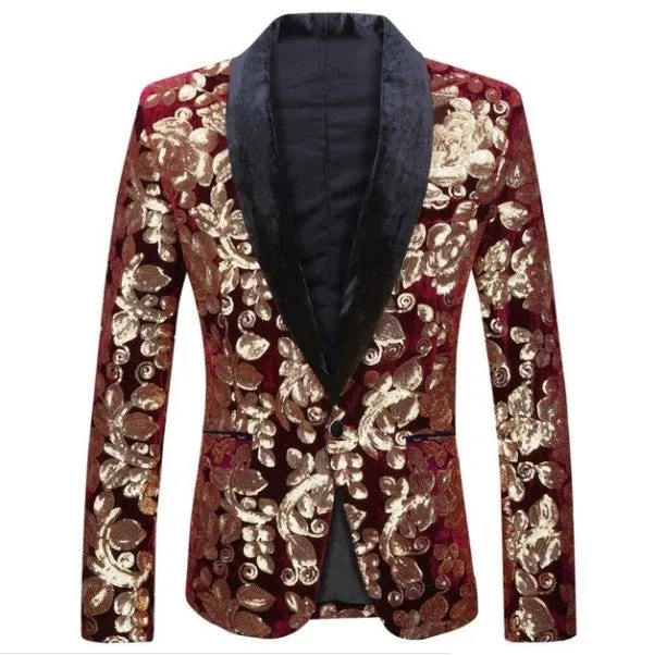 Men's Autumn Velvet Lapel Blazer Decorated With Golden Sequins