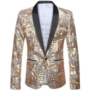 Men's Autumn Velvet Lapel Blazer Decorated With Golden Sequins