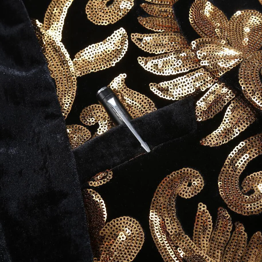 Men's Autumn Velvet Lapel Blazer Decorated With Golden Sequins