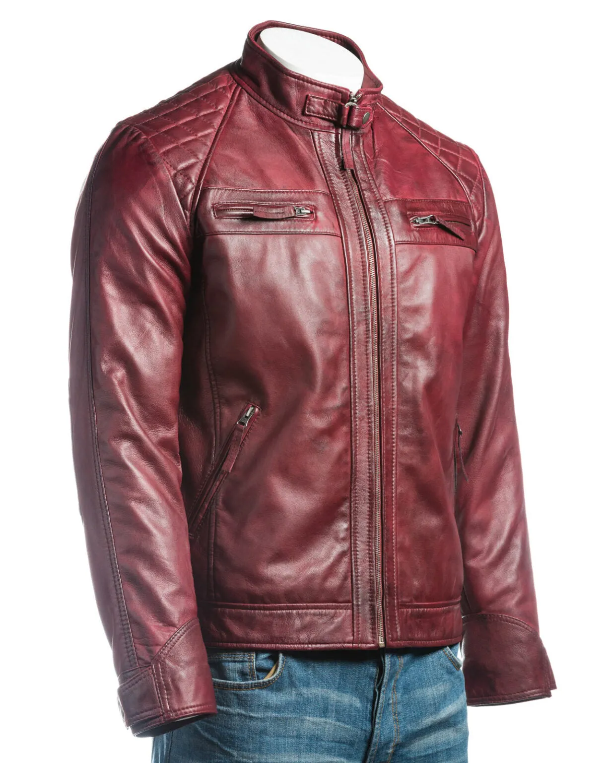 Men’s Burgundy Diamond Shoulder Biker Style Leather Jacket | Men Leather Jacket by The Jacket Seller