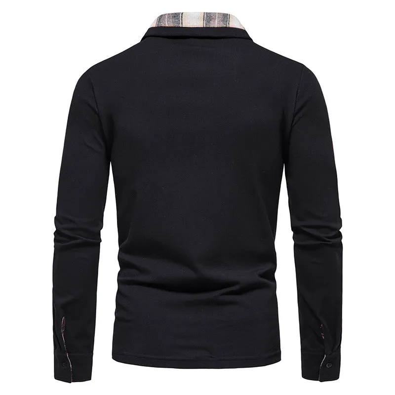 Men's Casual Long Sleeve Plaid Collar Polo Shirt with Pockets | D81