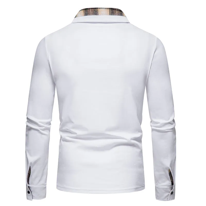 Men's Casual Long Sleeve Plaid Collar Polo Shirt with Pockets | D81