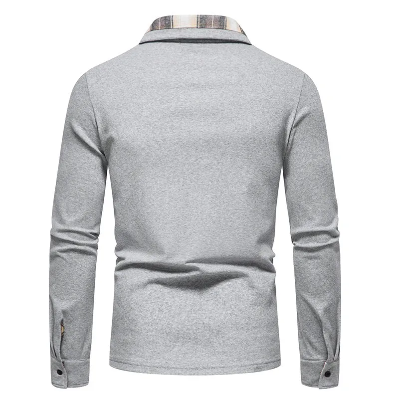 Men's Casual Long Sleeve Plaid Collar Polo Shirt with Pockets | D81