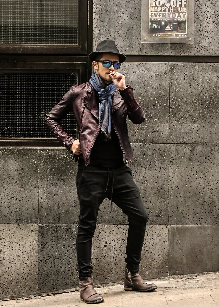 Men's Genuine Leather Jacket With Turn-Down Collar