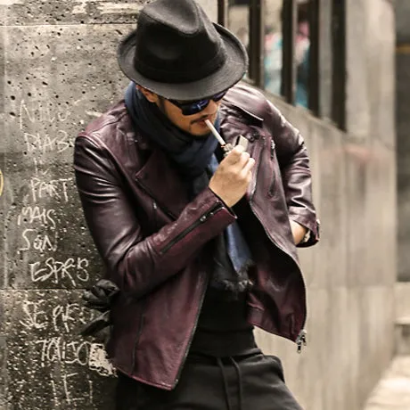Men's Genuine Leather Jacket With Turn-Down Collar