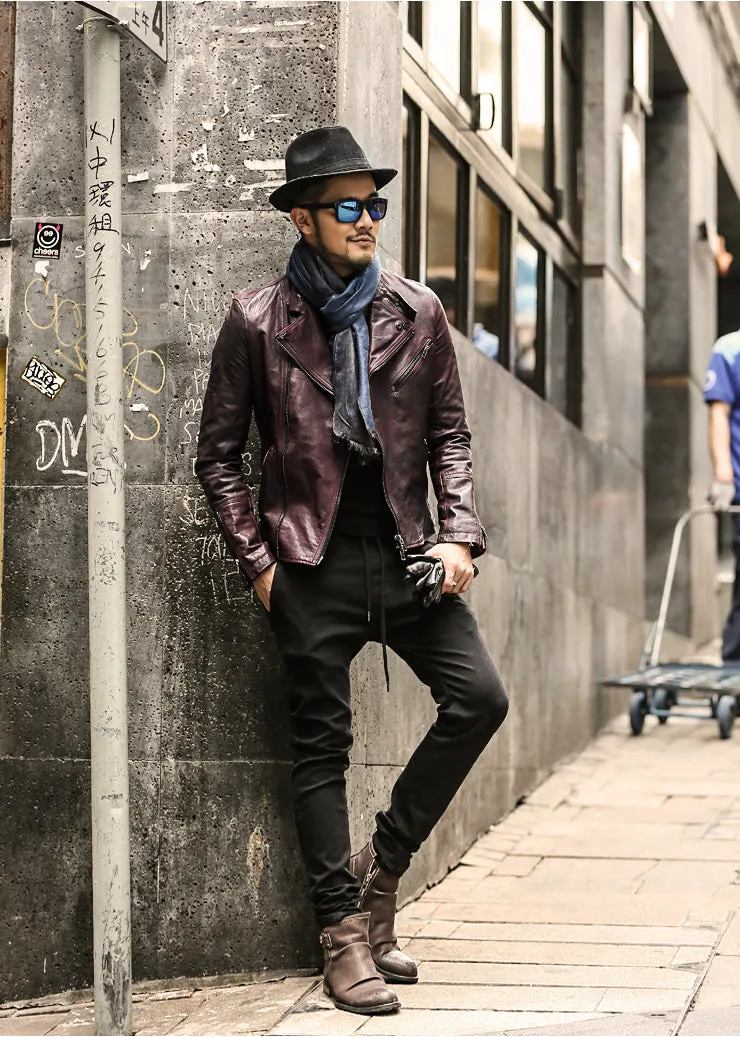 Men's Genuine Leather Jacket With Turn-Down Collar