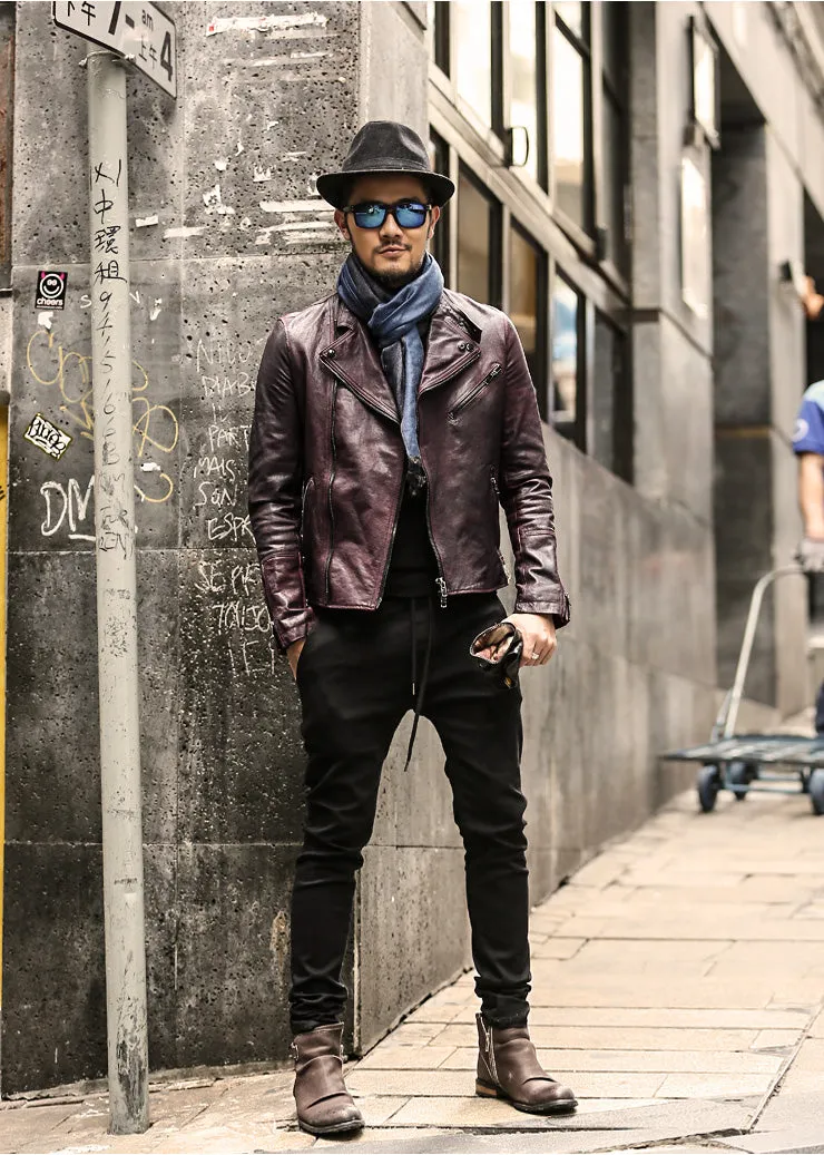 Men's Genuine Leather Jacket With Turn-Down Collar