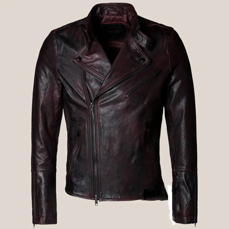 Men's Genuine Leather Jacket With Turn-Down Collar