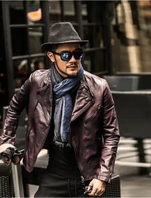 Men's Genuine Leather Jacket With Turn-Down Collar