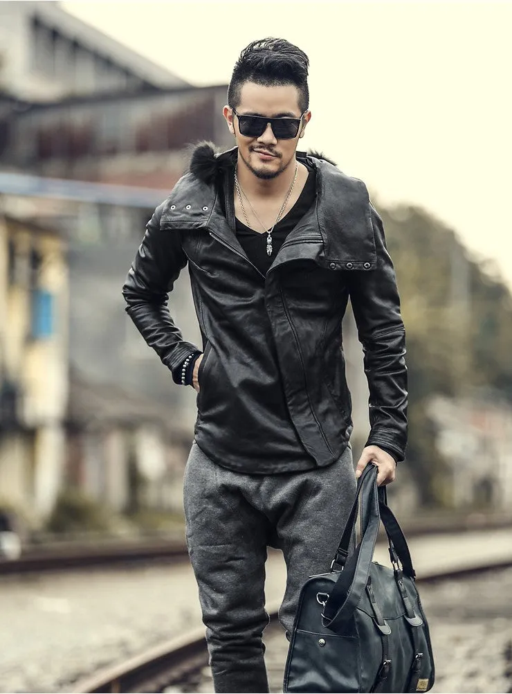 Men's Hat Detachable Genuine Leather Jacket