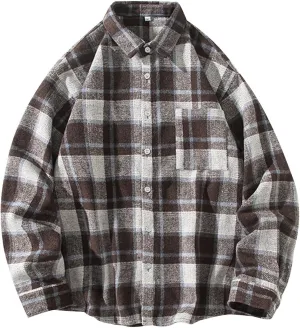 Mens Lapel Shirts Fashion Plaid Print Button Down Shirts Teen Loose Cotton Long Sleeve Blouse Fall Flannel Shirt Tops
