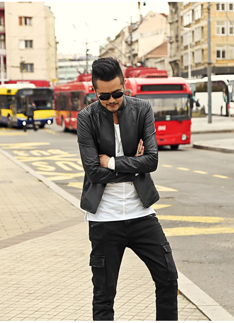 Men's Short Slim Motorcycle Genuine Leather Jacket