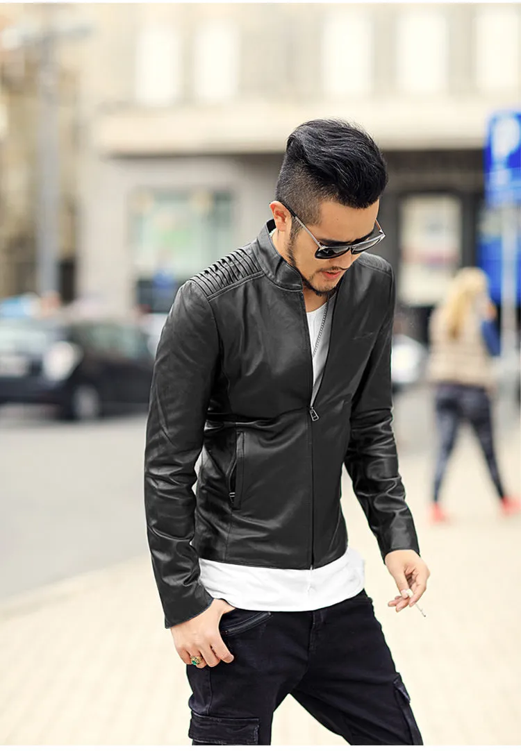 Men's Short Slim Motorcycle Genuine Leather Jacket