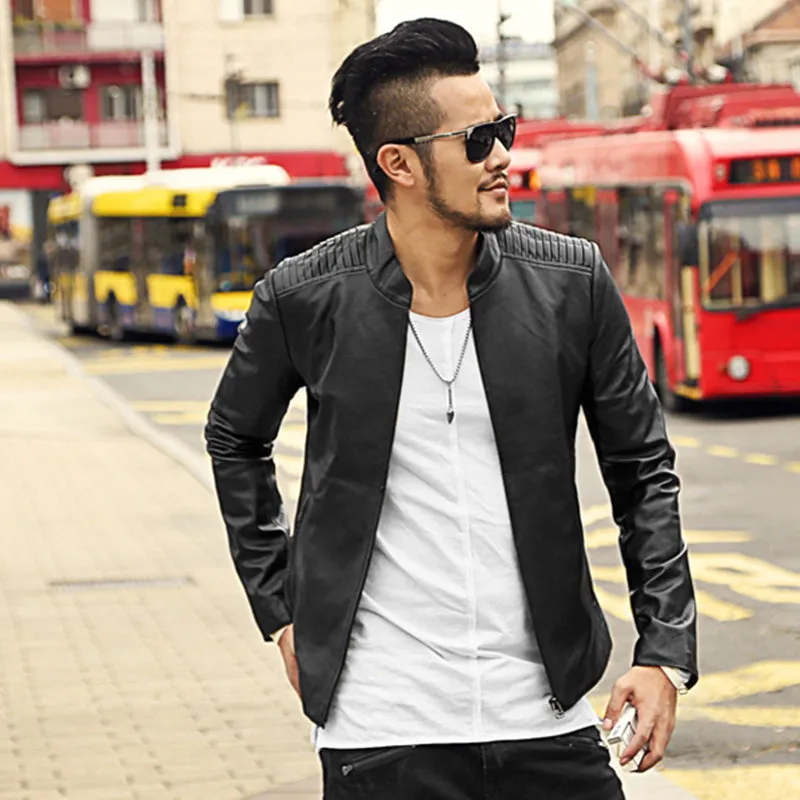 Men's Short Slim Motorcycle Genuine Leather Jacket