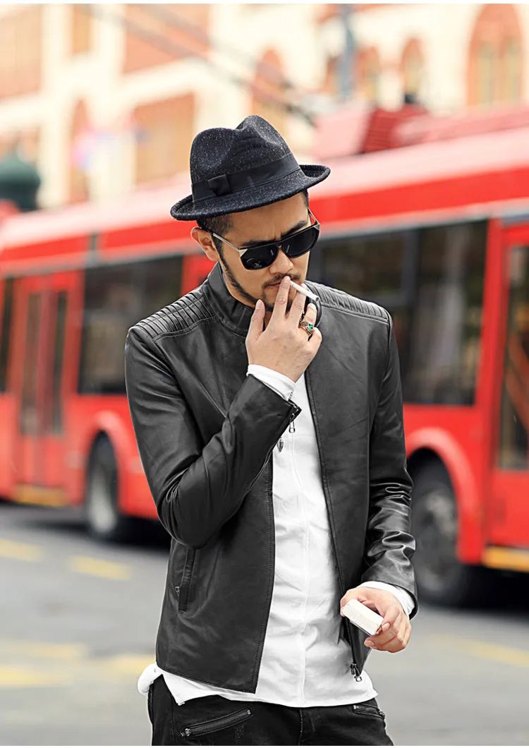 Men's Short Slim Motorcycle Genuine Leather Jacket