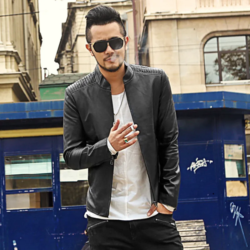 Men's Short Slim Motorcycle Genuine Leather Jacket