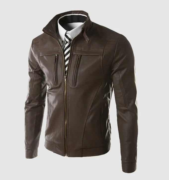 Men's Spring/Autumn PU Leather Slim Fit Jacket With Stand Collar