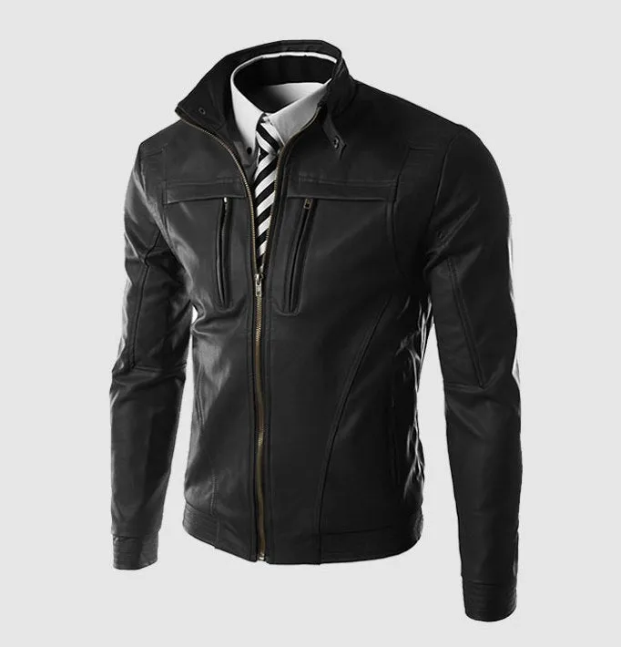Men's Spring/Autumn PU Leather Slim Fit Jacket With Stand Collar