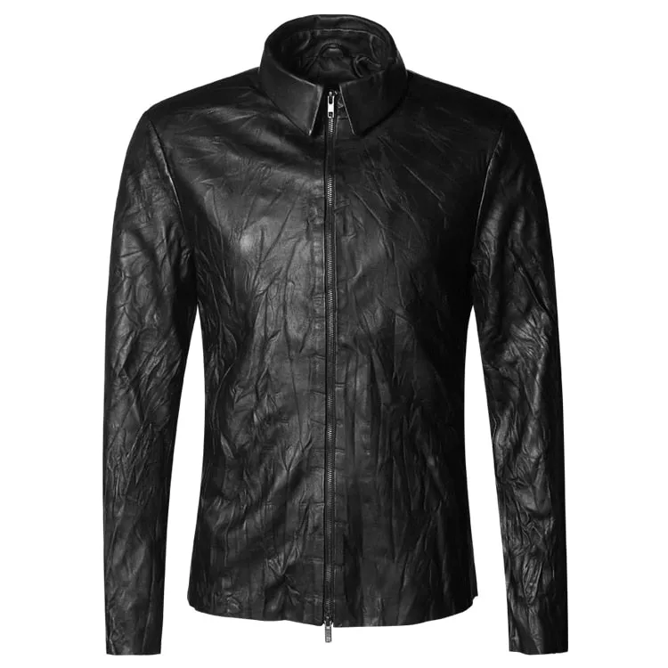Men's Spring/Autumn Retro Genuine Leather Zippered Slim Jacket With Stand Collar