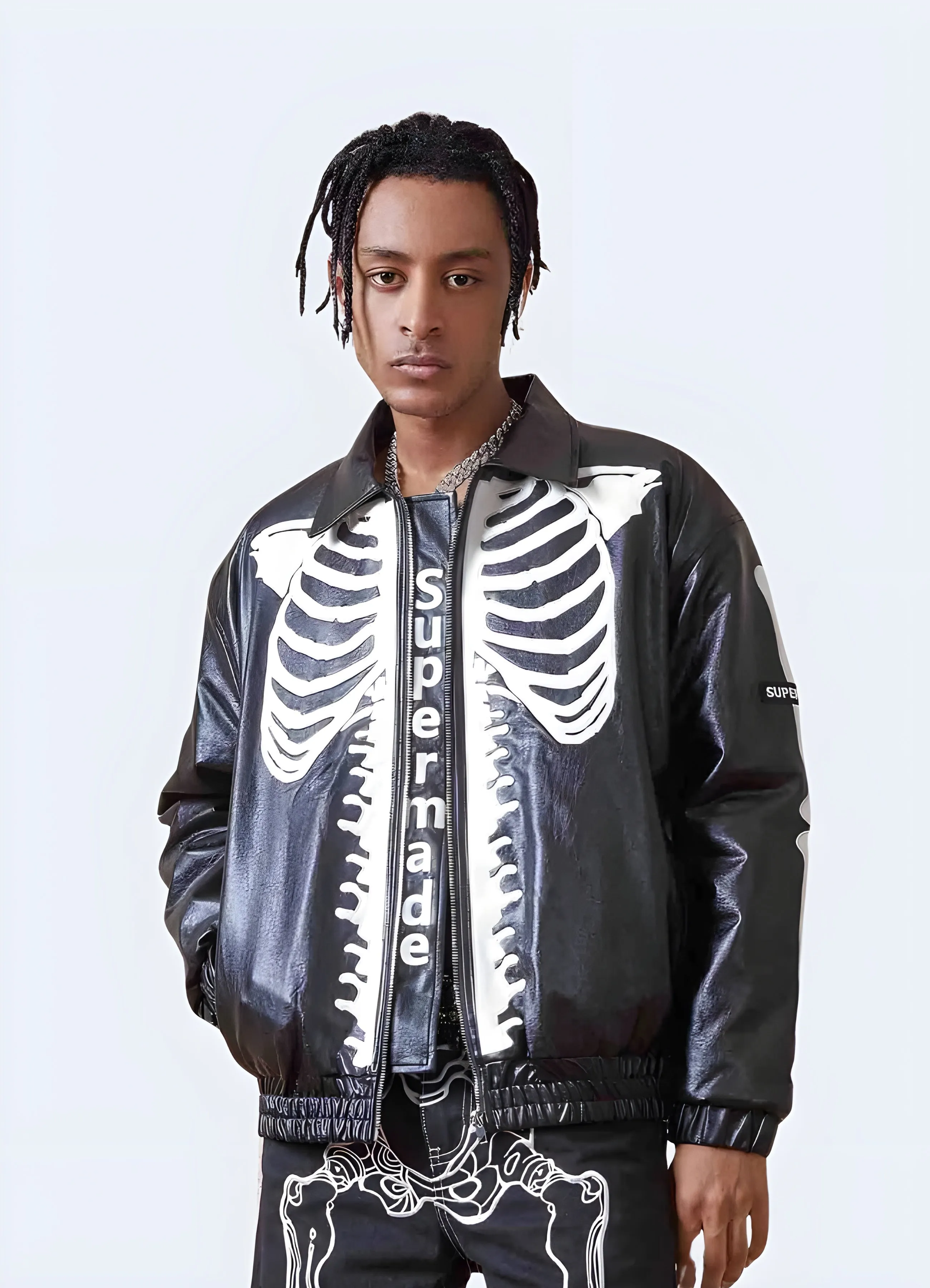 Men's Street Leather Jacket Embroidered Skeleton
