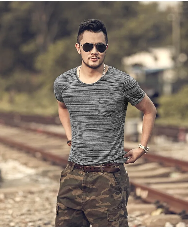 Men's Summer Cotton Elastic O-Neck Short-Sleeved Slim T-Shirt