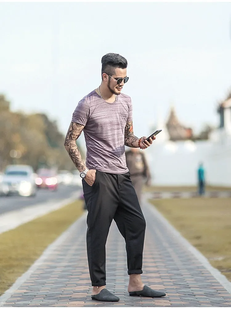 Men's Summer Cotton Elastic O-Neck Short-Sleeved Slim T-Shirt