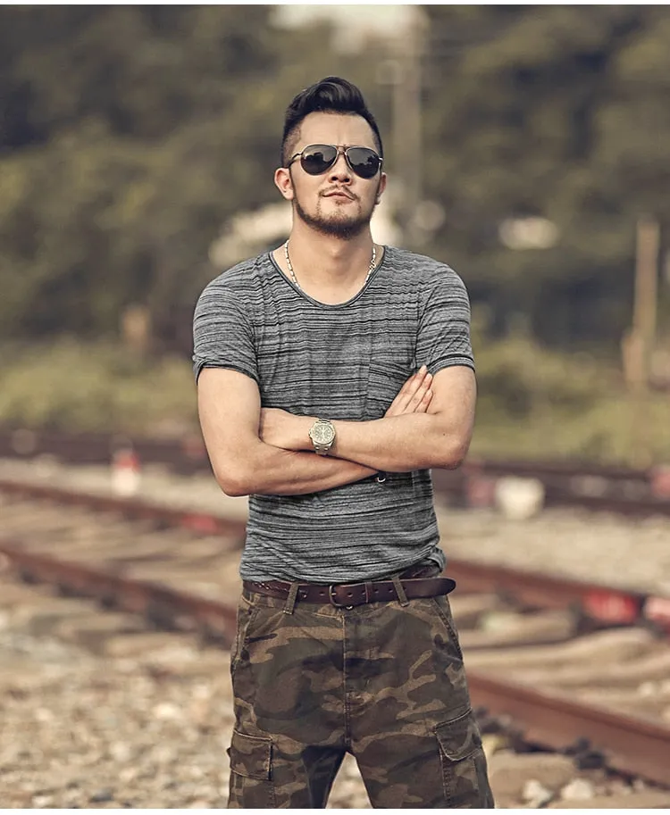 Men's Summer Cotton Elastic O-Neck Short-Sleeved Slim T-Shirt