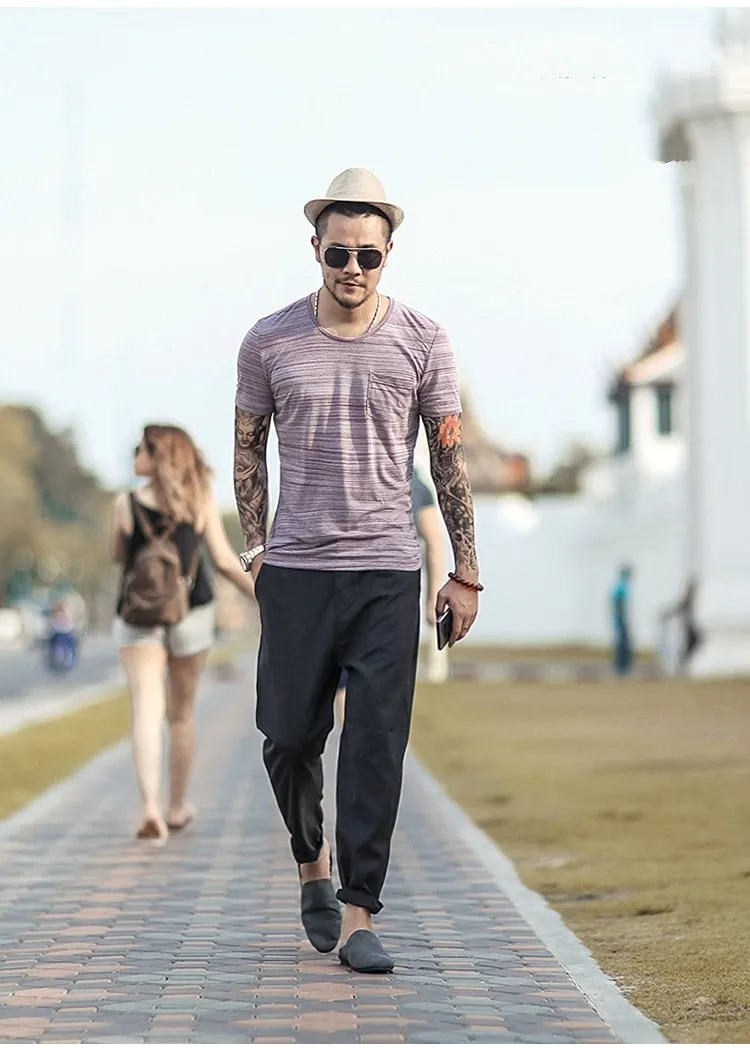 Men's Summer Cotton Elastic O-Neck Short-Sleeved Slim T-Shirt