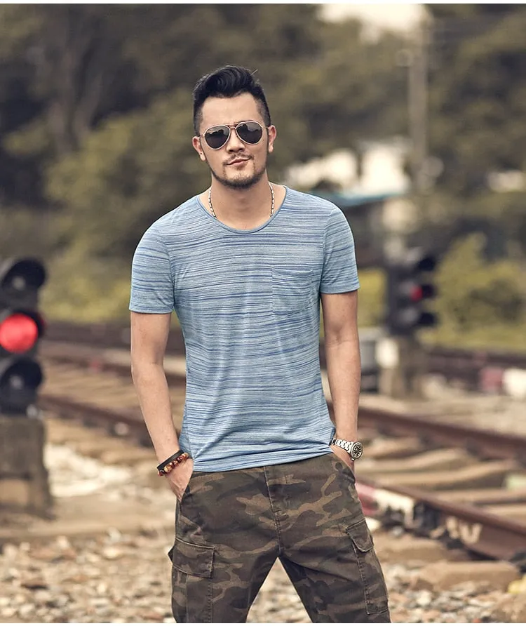 Men's Summer Cotton Elastic O-Neck Short-Sleeved Slim T-Shirt