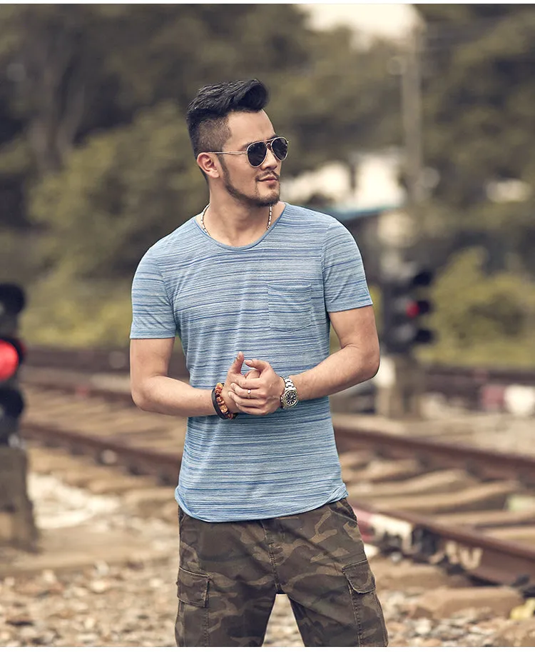 Men's Summer Cotton Elastic O-Neck Short-Sleeved Slim T-Shirt