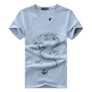 Men's Summer V-Neck Short-Sleeved T-Shirt With Printed Dragon