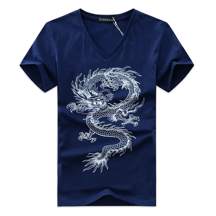 Men's Summer V-Neck Short-Sleeved T-Shirt With Printed Dragon
