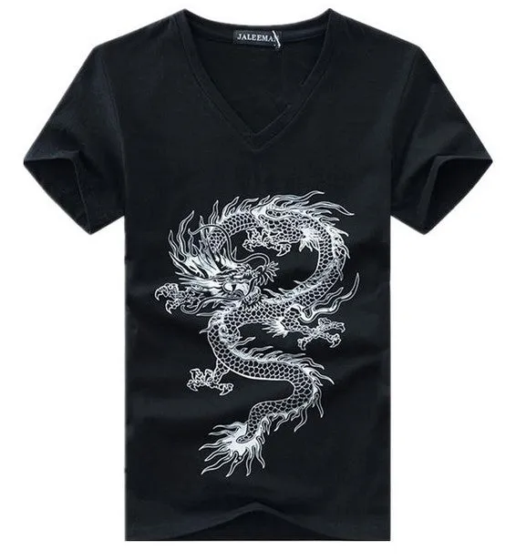 Men's Summer V-Neck Short-Sleeved T-Shirt With Printed Dragon
